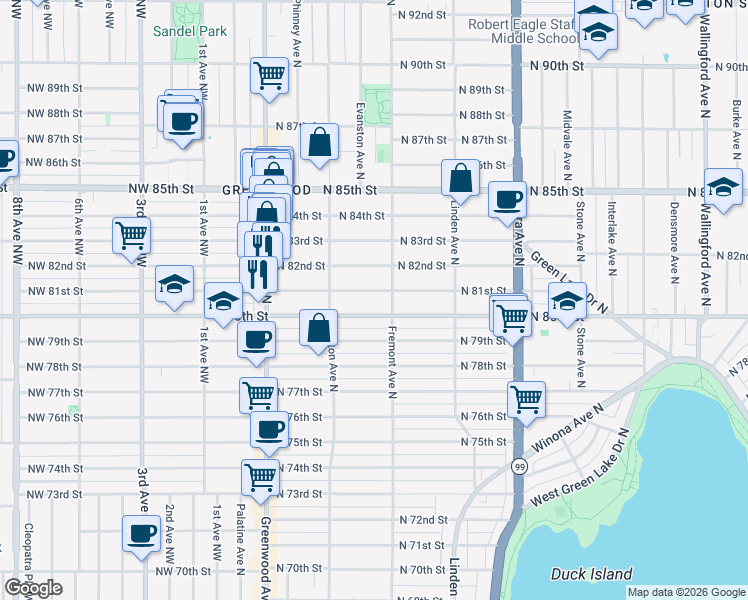 map of restaurants, bars, coffee shops, grocery stores, and more near 546 North 81st Street in Seattle