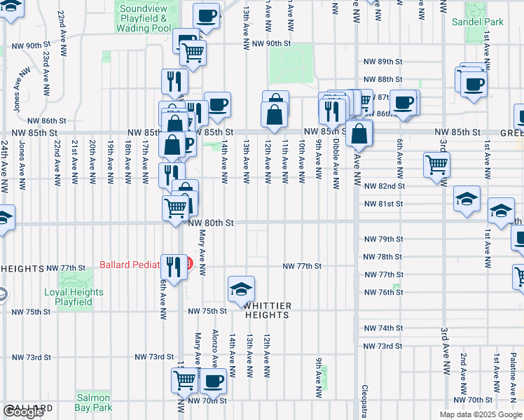map of restaurants, bars, coffee shops, grocery stores, and more near 8033 12th Avenue Northwest in Seattle
