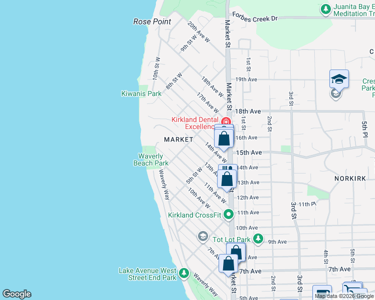 map of restaurants, bars, coffee shops, grocery stores, and more near in Kirkland