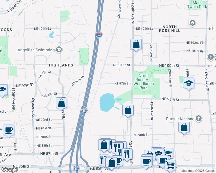 map of restaurants, bars, coffee shops, grocery stores, and more near 12031 Northeast 97th Street in Kirkland