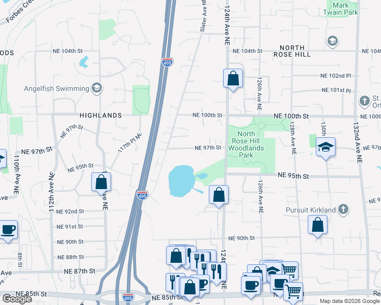 map of restaurants, bars, coffee shops, grocery stores, and more near 12010 Northeast 97th Street in Kirkland