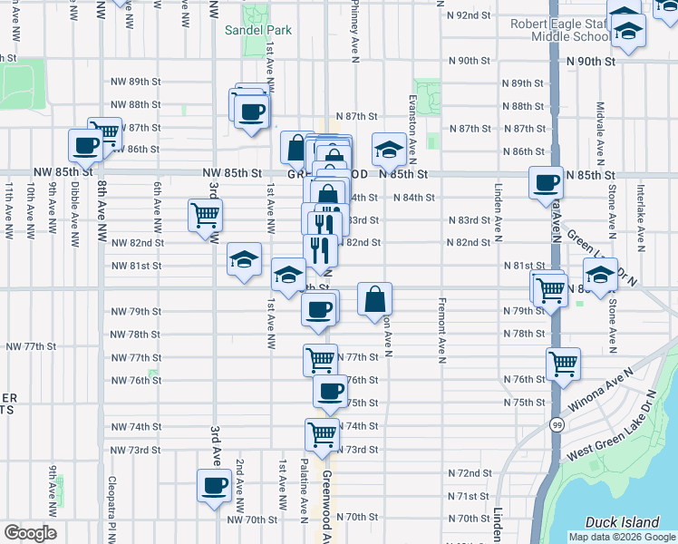 map of restaurants, bars, coffee shops, grocery stores, and more near 8016 Greenwood Avenue North in Seattle