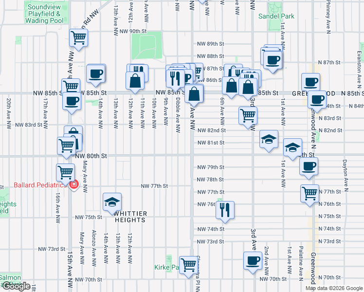 map of restaurants, bars, coffee shops, grocery stores, and more near 8014 Dibble Avenue Northwest in Seattle