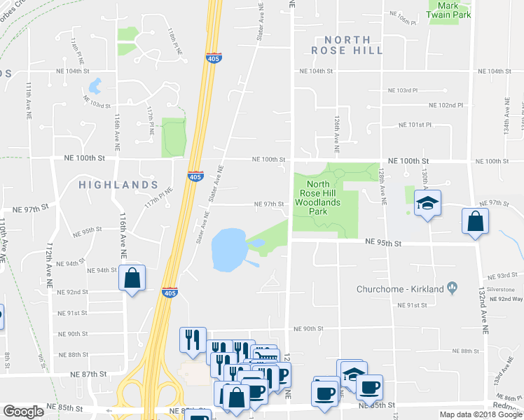 map of restaurants, bars, coffee shops, grocery stores, and more near 12217 Northeast 97th Street in Kirkland