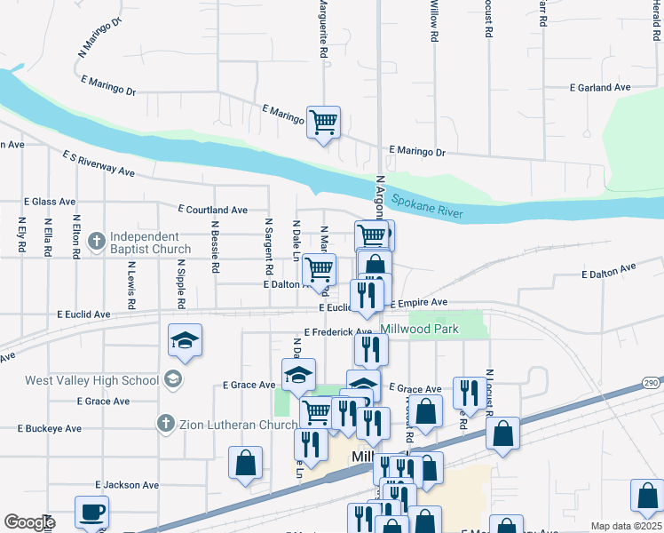 map of restaurants, bars, coffee shops, grocery stores, and more near 3318 North Marguerite Road in Millwood