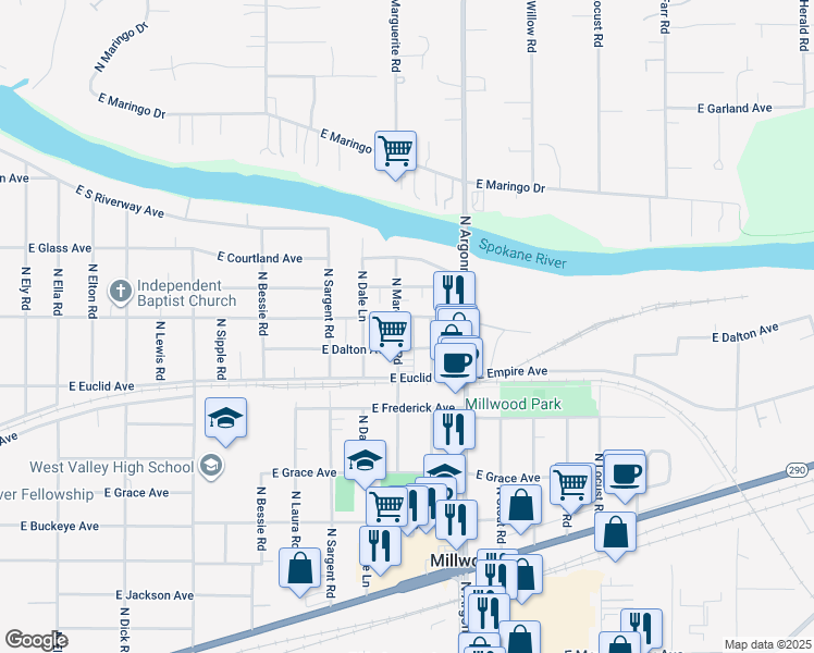 map of restaurants, bars, coffee shops, grocery stores, and more near 8905 East Liberty Avenue in Millwood