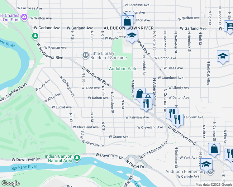 map of restaurants, bars, coffee shops, grocery stores, and more near 2925 West Northwest Boulevard in Spokane