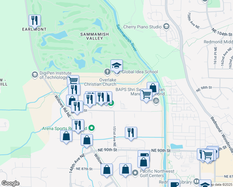 map of restaurants, bars, coffee shops, grocery stores, and more near 15130 NE 95th St in Redmond