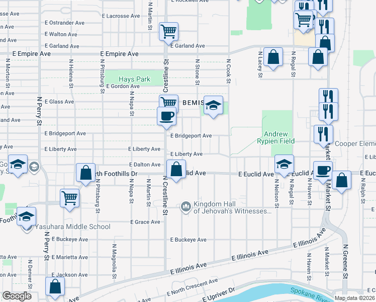 map of restaurants, bars, coffee shops, grocery stores, and more near 3317 North Stone Street in Spokane