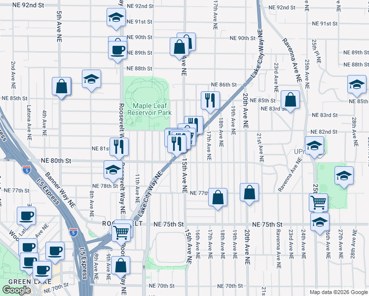 map of restaurants, bars, coffee shops, grocery stores, and more near 8026 15th Avenue Northeast in Seattle