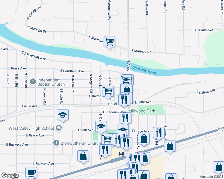 map of restaurants, bars, coffee shops, grocery stores, and more near 3318 North Marguerite Road in Millwood