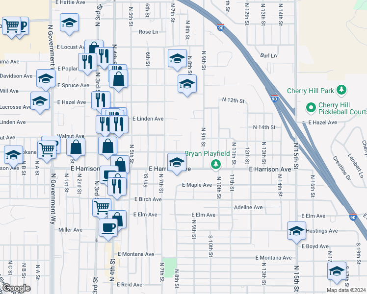 map of restaurants, bars, coffee shops, grocery stores, and more near 727 East Spokane Avenue in Coeur d'Alene