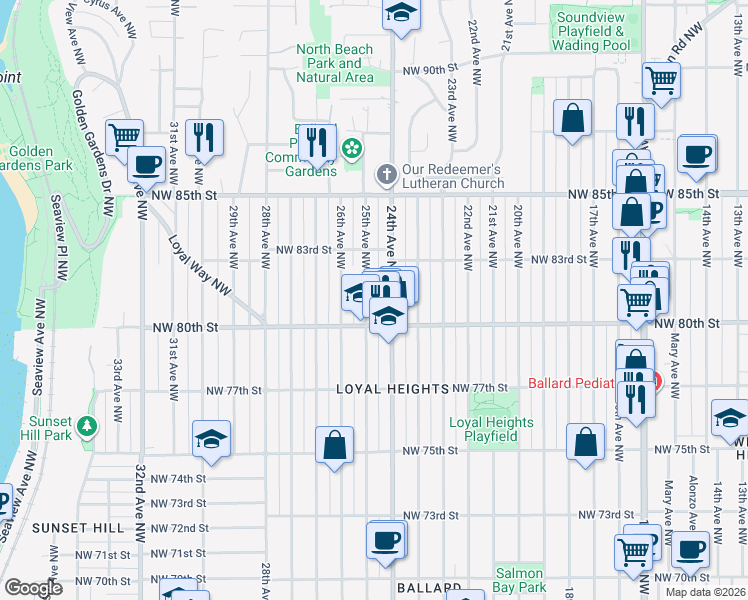 map of restaurants, bars, coffee shops, grocery stores, and more near 8020 25th Avenue Northwest in Seattle