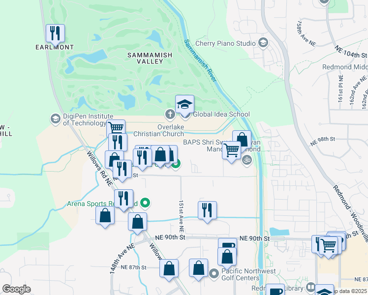 map of restaurants, bars, coffee shops, grocery stores, and more near 15130 Northeast 95th Street in Redmond