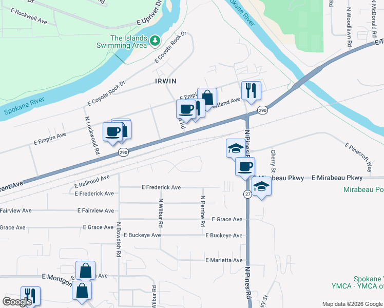 map of restaurants, bars, coffee shops, grocery stores, and more near 11923 East Railroad Circle in Spokane Valley
