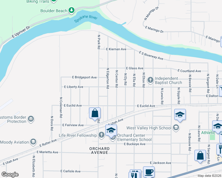 map of restaurants, bars, coffee shops, grocery stores, and more near 7621 East Liberty Avenue in Spokane Valley