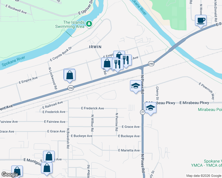 map of restaurants, bars, coffee shops, grocery stores, and more near 11923 East Railroad Circle in Spokane Valley