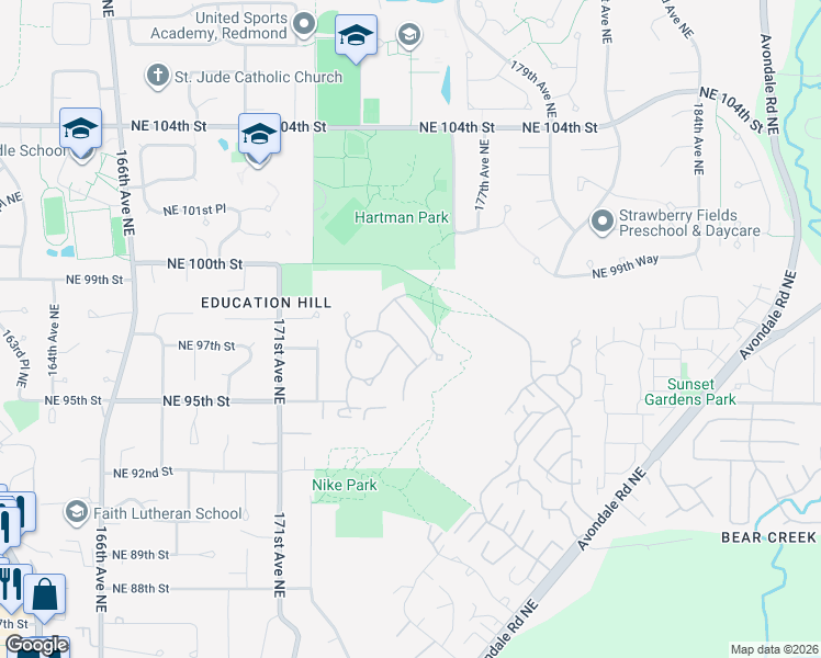 map of restaurants, bars, coffee shops, grocery stores, and more near 17449 Northeast 98th Way in Redmond