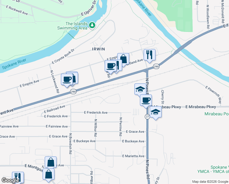 map of restaurants, bars, coffee shops, grocery stores, and more near 11923 East Railroad Circle in Spokane Valley
