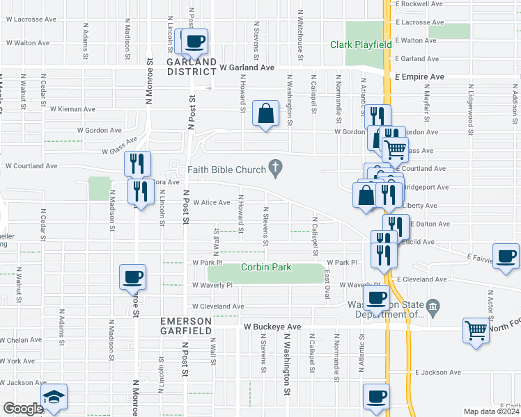 map of restaurants, bars, coffee shops, grocery stores, and more near 428 West Alice Avenue in Spokane