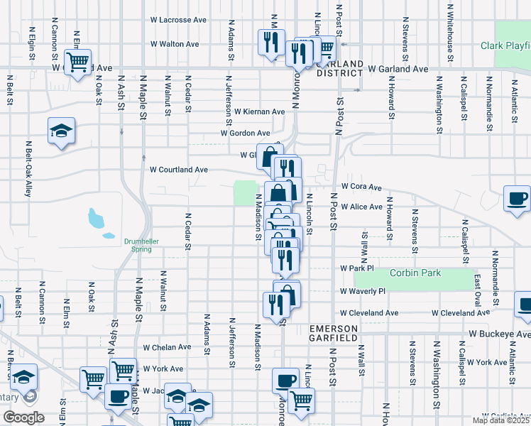 map of restaurants, bars, coffee shops, grocery stores, and more near 1018 West Alice Avenue in Spokane
