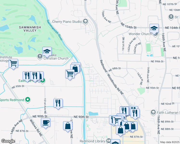 map of restaurants, bars, coffee shops, grocery stores, and more near 10128 156th Place Northeast in Redmond