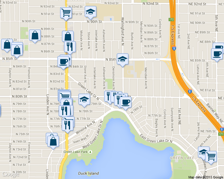 map of restaurants, bars, coffee shops, grocery stores, and more near 8037 Densmore Avenue North in Seattle