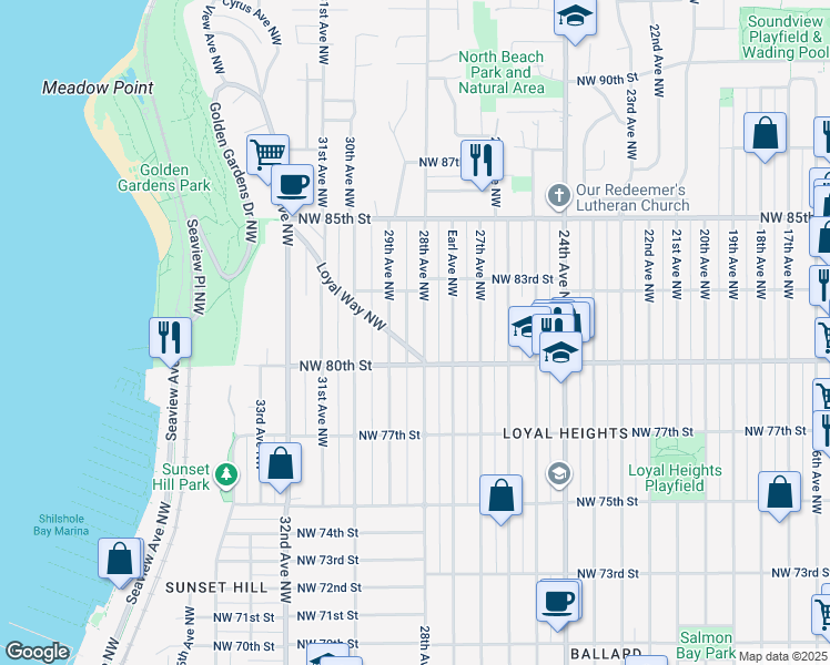 map of restaurants, bars, coffee shops, grocery stores, and more near 8042 29th Avenue Northwest in Seattle