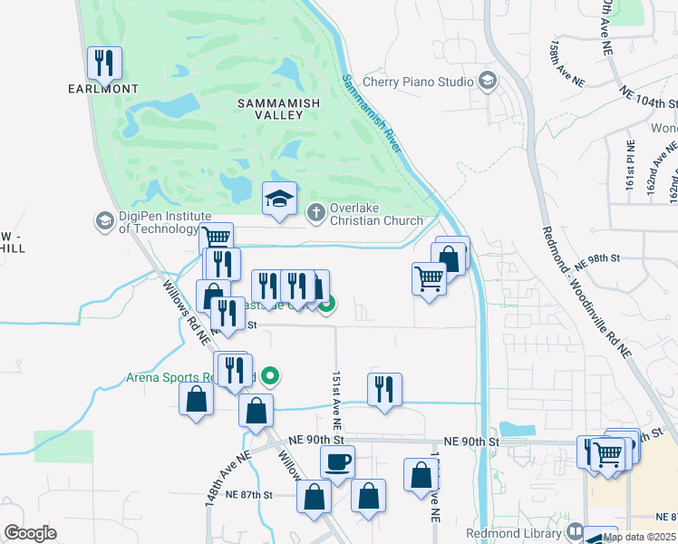 map of restaurants, bars, coffee shops, grocery stores, and more near 15130 Northeast 95th Street in Redmond