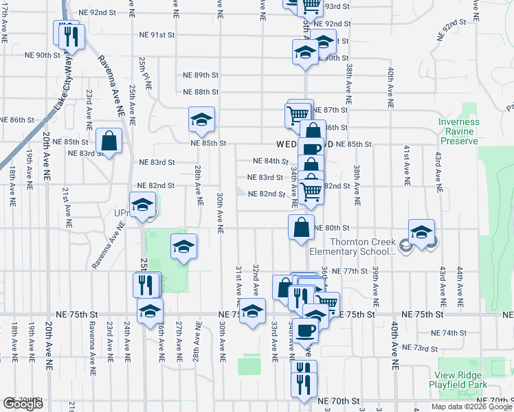 map of restaurants, bars, coffee shops, grocery stores, and more near 3133 Northeast 82nd Street in Seattle