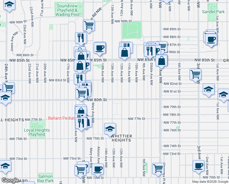 map of restaurants, bars, coffee shops, grocery stores, and more near 8035 13th Avenue Northwest in Seattle