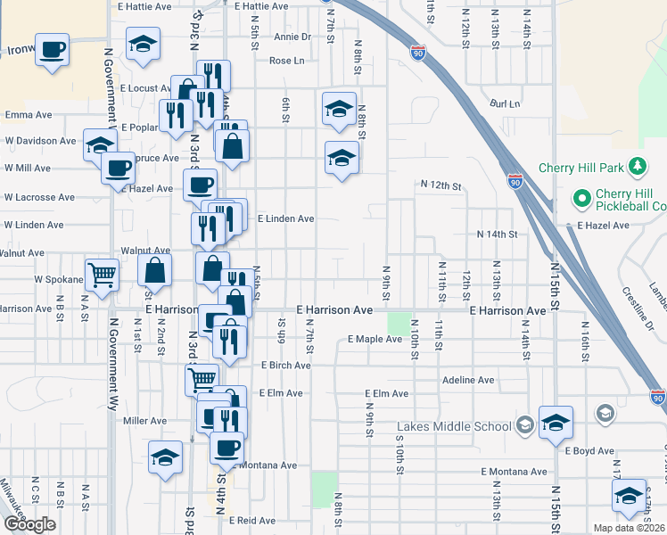 map of restaurants, bars, coffee shops, grocery stores, and more near 1367 Kaleigh Court in Coeur d'Alene