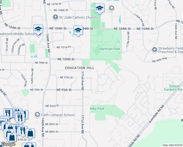 map of restaurants, bars, coffee shops, grocery stores, and more near 17205 Northeast 98th Court in Redmond