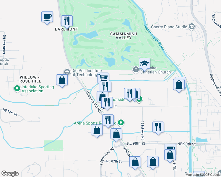 map of restaurants, bars, coffee shops, grocery stores, and more near Puget Power Trail in Redmond