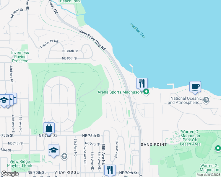 map of restaurants, bars, coffee shops, grocery stores, and more near 8001 Sand Point Way Northeast in Seattle
