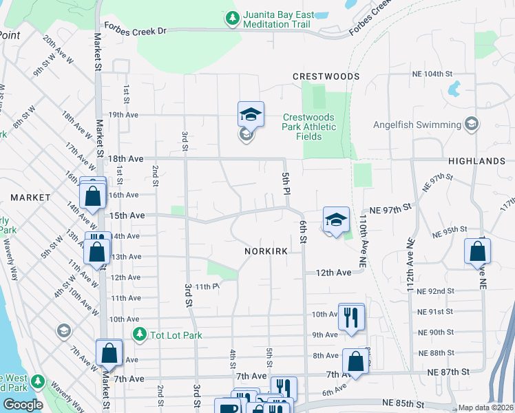 map of restaurants, bars, coffee shops, grocery stores, and more near 412 15th Avenue in Kirkland