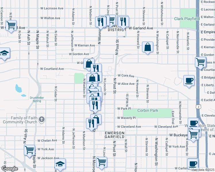 map of restaurants, bars, coffee shops, grocery stores, and more near 3304 North Lincoln Street in Spokane