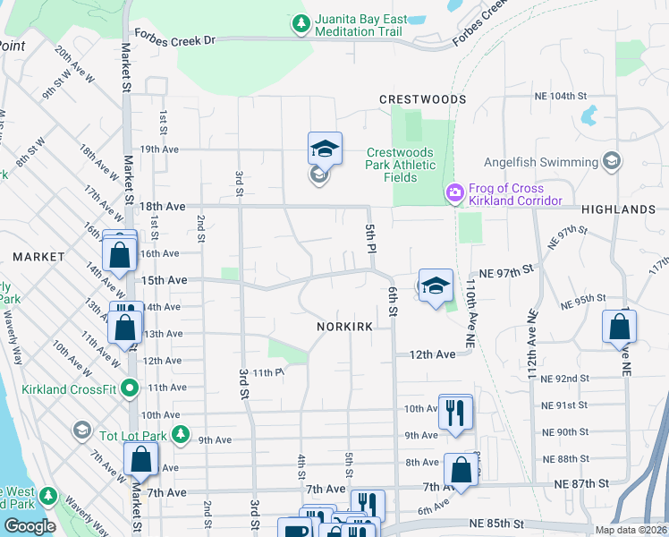 map of restaurants, bars, coffee shops, grocery stores, and more near 412 15th Avenue in Kirkland