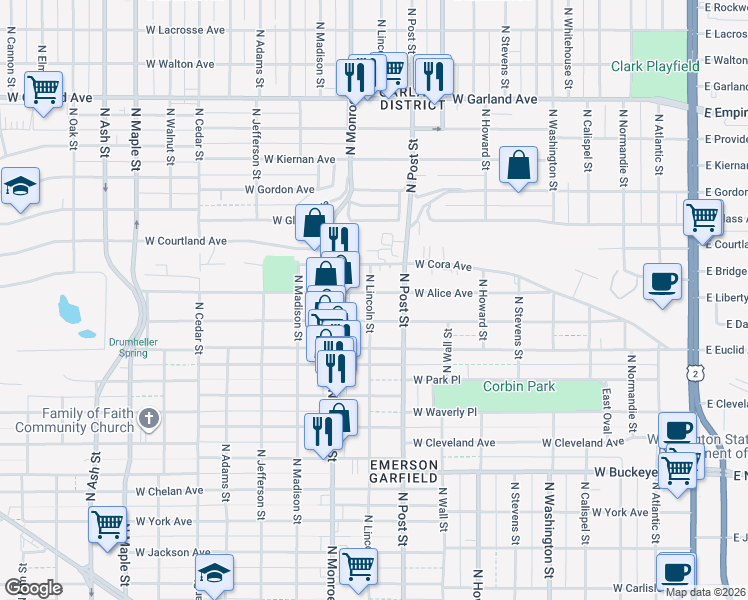 map of restaurants, bars, coffee shops, grocery stores, and more near 3270 North Lincoln Street in Spokane