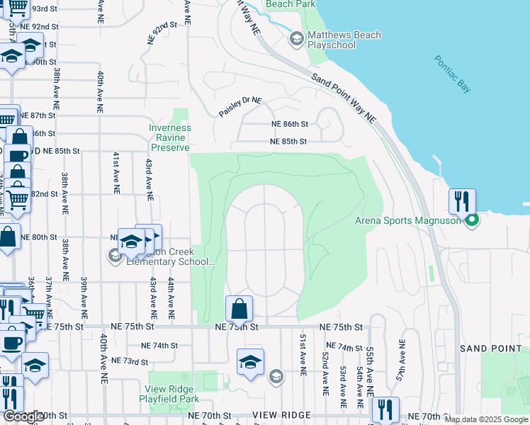 map of restaurants, bars, coffee shops, grocery stores, and more near 8060 Ridge Dr NE in Seattle
