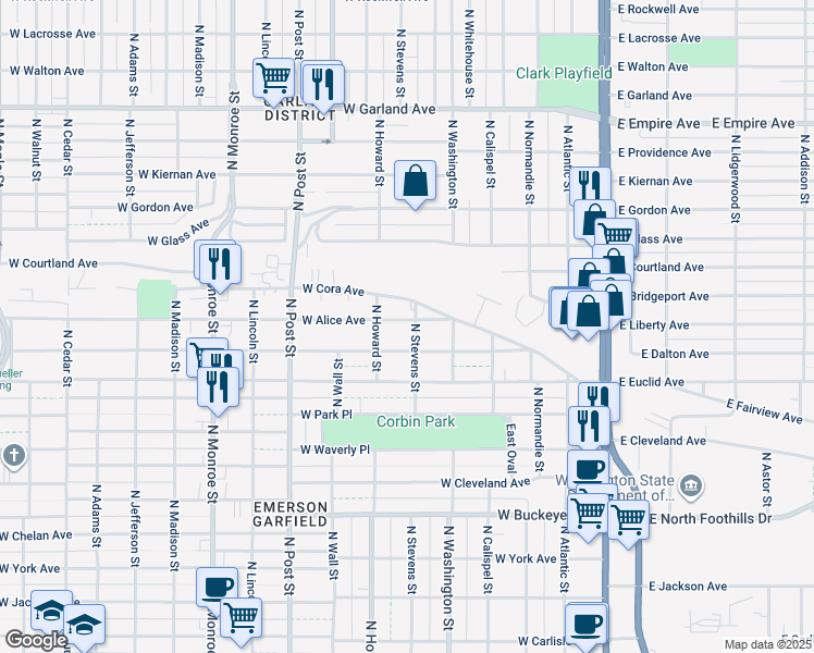 map of restaurants, bars, coffee shops, grocery stores, and more near 428 West Alice Avenue in Spokane
