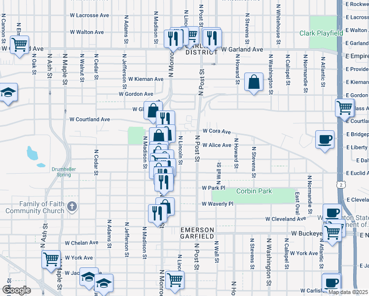 map of restaurants, bars, coffee shops, grocery stores, and more near 3304 North Lincoln Street in Spokane