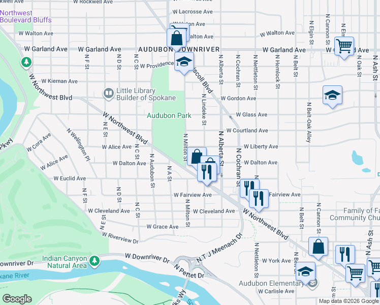 map of restaurants, bars, coffee shops, grocery stores, and more near 2711 West Liberty Avenue in Spokane