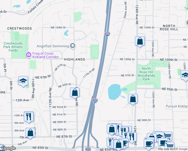map of restaurants, bars, coffee shops, grocery stores, and more near 9806 117th Place Northeast in Kirkland