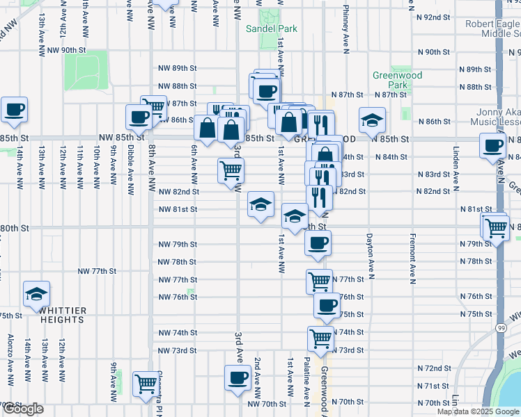 map of restaurants, bars, coffee shops, grocery stores, and more near 125 Northwest 82nd Street in Seattle