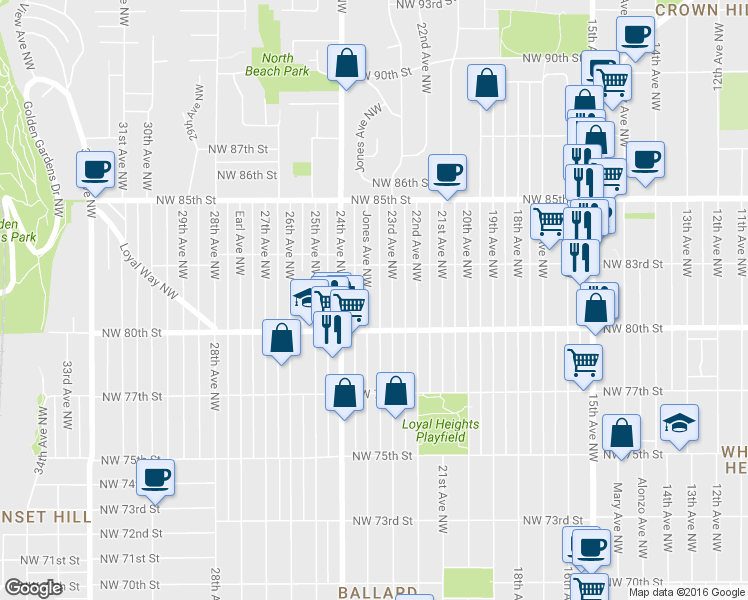 map of restaurants, bars, coffee shops, grocery stores, and more near 8039 Jones Avenue Northwest in Seattle