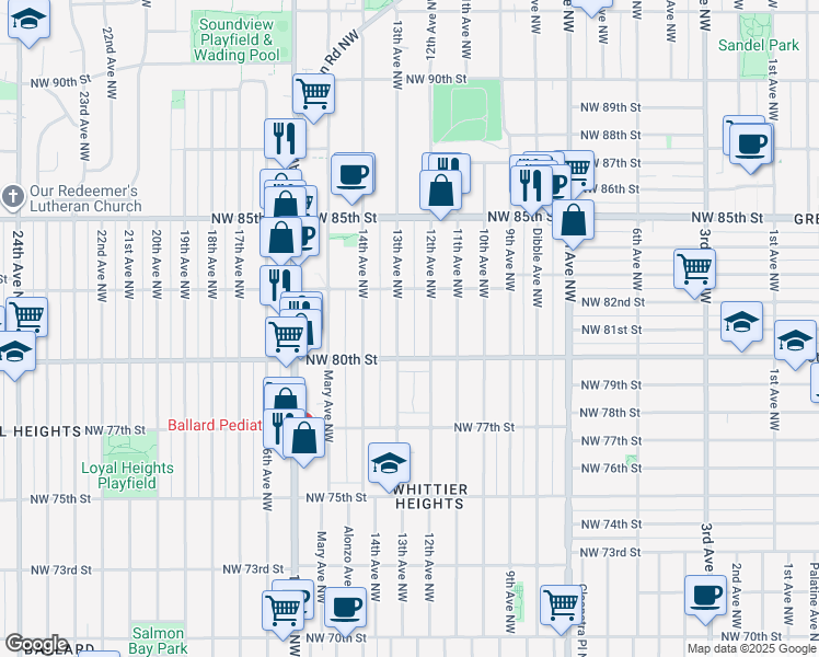 map of restaurants, bars, coffee shops, grocery stores, and more near 8028 13th Avenue Northwest in Seattle