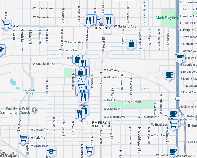 map of restaurants, bars, coffee shops, grocery stores, and more near 3304 North Lincoln Street in Spokane