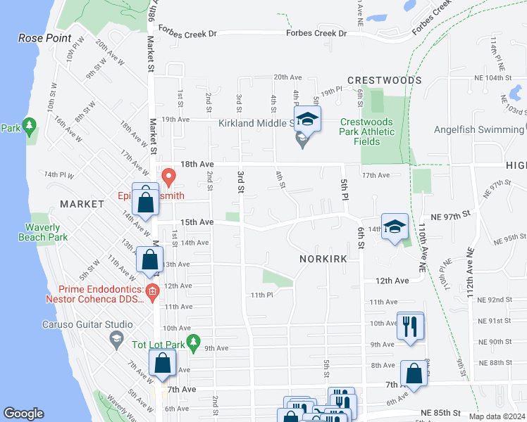 map of restaurants, bars, coffee shops, grocery stores, and more near 1517 3rd Place in Kirkland