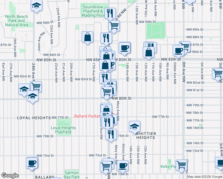 map of restaurants, bars, coffee shops, grocery stores, and more near 8026 15th Avenue Northwest in Seattle